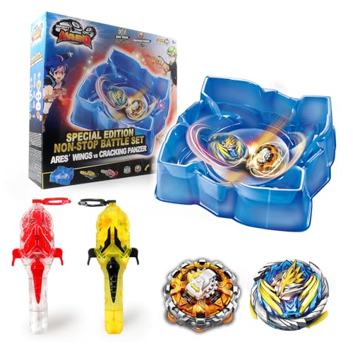 Peonzas con Arena para Niños de Juguete de Metal, Peonzas con 2 lanzadores magnéticos Ares' Wing vs Fire Dragon, Juguete para niñas 5 6 7 8 9 10 11 12 Años, Blue Yellow