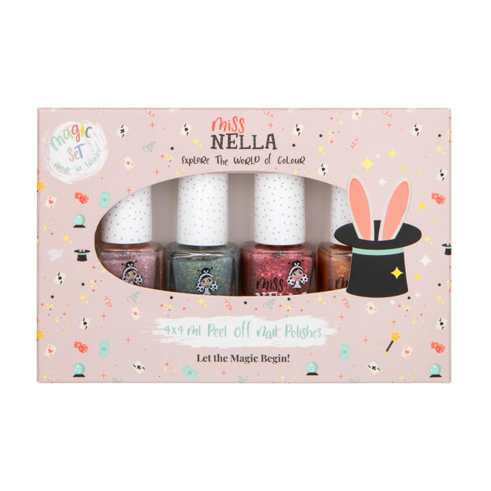 Miss Nella MAGIC COLLECTION Glitter Nail Polish for kids, set of 4: pink glitter, metalic red, OPEN, gold & blue silver, Peel- Off varnish for toddlers