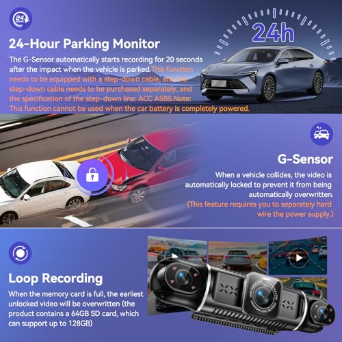 4K Dashcam Car Front Rear 4 Channel Dash Cam with 3 Inch IPS Screen, Free 64GB Card, Dashcam with Parking Monitoring, WDR Night Vision (8 IR LEDs), G-Sensor, Loop Recording, Wireless App Transmission