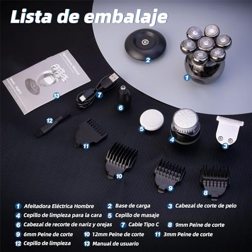 Men's Head Shaver, 5 in 1 Shaver Head with 7 Rotary Heads and LED Display, Men's Head Shaver in Dry and Wet to Water with Wireless Charging and Type C Charging Cable
