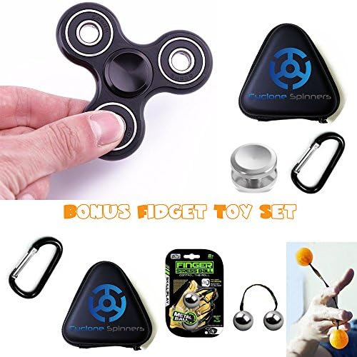PREMIUM SET Black Aluminum Tri Fidget Hand Spinner Metal w/ Case, Extra Caps And Caribiner BONUS Finger YoYo Toy w/ Case - Best EDC Focus Anxiety and Stress Reducer Toys - 3/5 Minute Spin Time