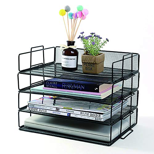 JPSOR Stackable Letter Trays, 4 Pack Stackable Paper Trays, Black Mesh Desk Organizers with 2 Sticky Note Pads