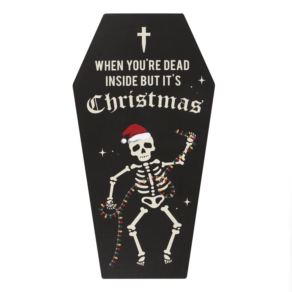 Gothic "Dead Inside" Multicolor Coffin Plaque - 30cm x 16cm (1 Pc.) - Unique Christmas Decor with Festive Skeleton and Fairy Lights Design, Perfect Alternative for Dark and Edgy Ambiance