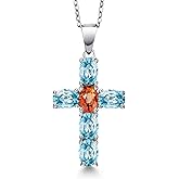 Gem Stone King 925 Sterling Silver Blue Zircon and Orange Sapphire Cross Pendant Necklace for Women | 3.80 Cttw | Gemstone Birthstone | Oval 6X4MM | With 18 Inch Chain