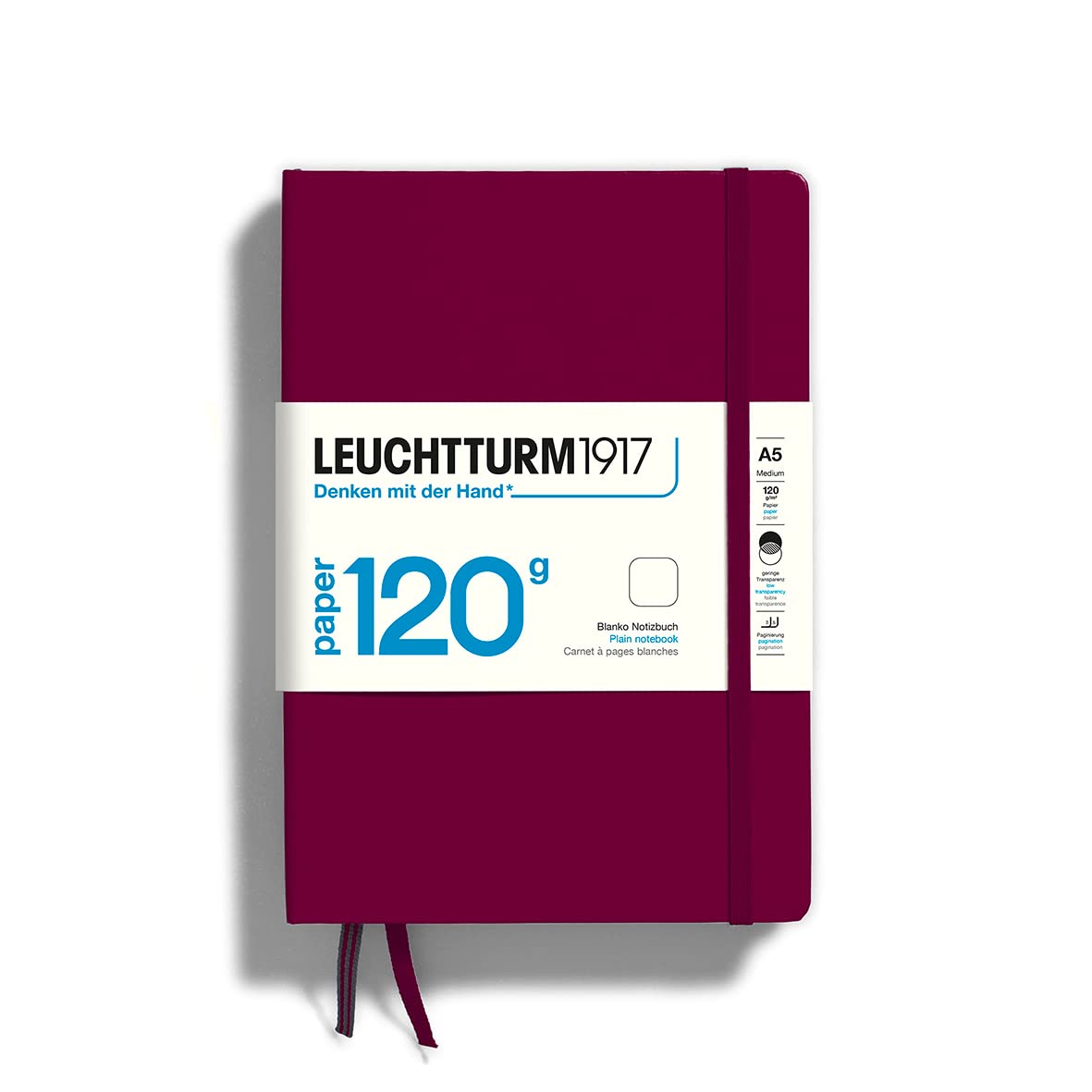 LEUCHTTURM1917 364425 Notebook Medium (A5), Edition 120, Hardcover, 203 Numbered Pages, Port Red, Plain with 120g/sqm Paper