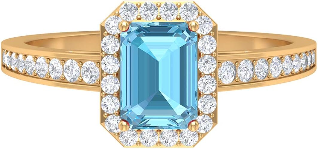 Amazon 7x5mm 八角形カットラボ人工アクアマリンソリティアリング Hi Si ダイヤモンドハローリングサイドストーン付きゴールド婚約指輪 a品質 14k イエローゴールド Size 4 リング 通販