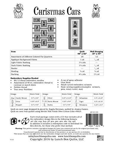 Lunch Box Quilts, Christmas Cats Applique Embroidery Quilt Pattern with Redemption Code and Backup CD for Use with Embroidery Sewing Machines