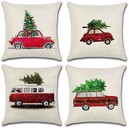 Aremazing Red Truck with Christmas Tree Cotton Linen Home Decor Pillowcase Throw Pillow Cushion Cover 18 x 18 Inches Set of 4 (Christmas Tree & Car)