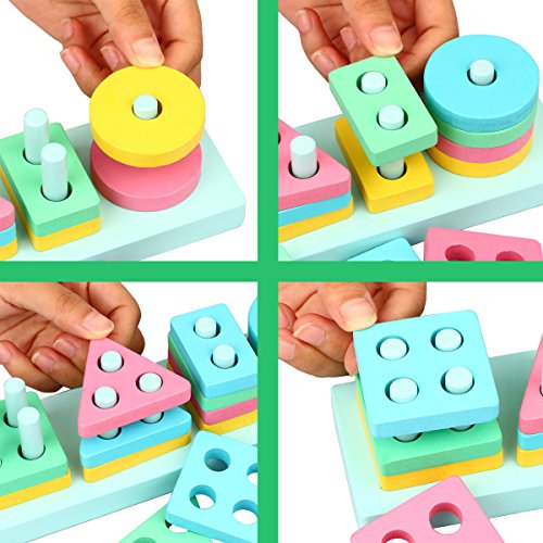 Dreampark Wooden Educational Preschool Toys, Toddler Toys Shape Color Recognition Geometric Board Block Stack Puzzle Toys for Kids Birthday Gifts - Thumbnail 3