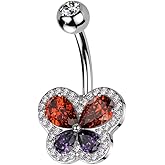 Pierced Owl 14GA 316L Stainless Steel Red and Purple CZ Crystal Butterfly Belly Button Ring
