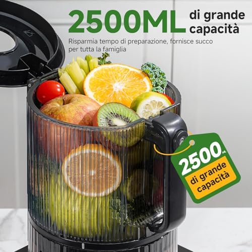 Estrattore di Succo, Bocca 155mm, 2,5L, Separatore della Schiuma, 2 Filtres, Pressione Automatica, Succo Puro e Vellutato, Silenzioso e Facile da Pulire, Ideale per Famiglia e Colazione