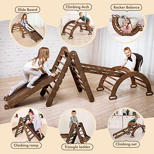 GOODEVAS Montessori Climbing Set 4 in 1 for Kids Wooden Pikler Triangle Arch Board & Slide