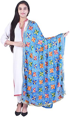 SHOP FRENZY Punjabi Hand Embroidery Phulkari Faux Chiffon Dupatta, Stoles for Women & Girls (Firoge)