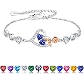 Iefil Valentines Day Gifts for Her - 925 Sterling Silver Rose Heart Birthstone Bracelets, Anniversary Birthday Gifts for Women Wife Mom Daughter, 6"+2"