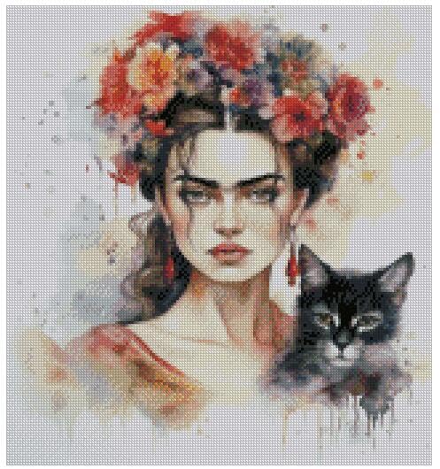 Frida and cat in Color Cross Stitch Kits, 14 Count, 160x160 Stitch, 27x27cm, Celebrity Portrait Counted Cross Stitch kit