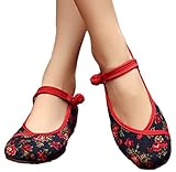 AvaCostume Womens Flower Painting Flats Mary Jane Qipao Dress Shoes, Black 37