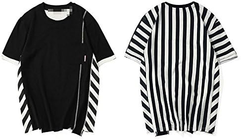 Rose cat Striped Patchwork Pocket Short T Shirts 2018 Hip Hop Fashion Casual Cotton Tshirts Streetwear,Black,Asian XL