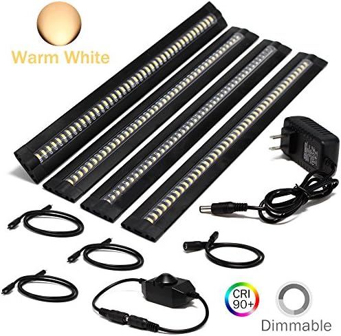 Ultra Thin LED Under Cabinet/Counter Kitchen Lighting Plug-In, Dimmable 2 Coin Thickness LED Light with 42 LEDs, Easy Installation Warm White 12V/3A 5W/450LM CRI90, 4 Pack, All in One Kit