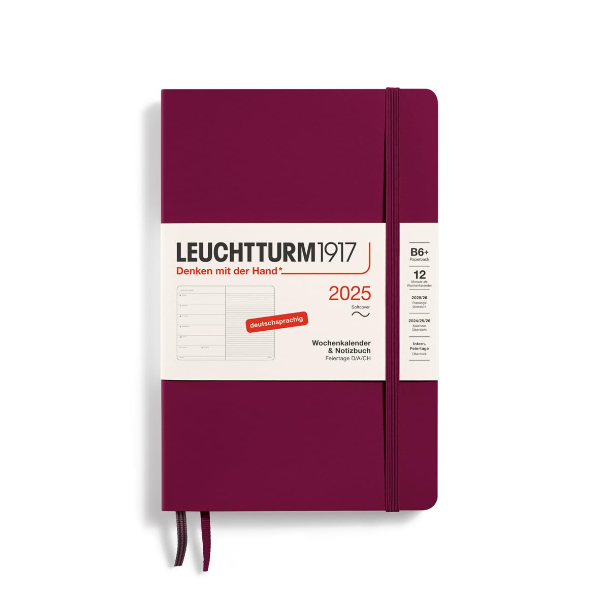 LEUCHTTURM1917 370521 Weekly Calendar & Notebook 2025, Paperback B6+ Softcover - 12-Month Planner, 80 g, Lined - Port Red