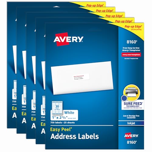 Avery Etiquetas de endereço imprimĂveis fáceis de descascar com alimentação segura, adesivos personalizáveis de 2,5 cm x 6,5 cm, branco, 3.750 etiquetas de correspondĂŞncia em branco, Ăłtimo para