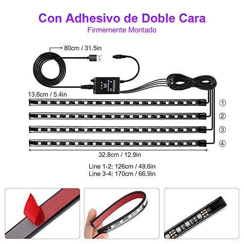 4pcs Tiras LED Coche, bedee Luz Interior Coche 72 Led RGB 5050 Impermeable, el Color de la Decoración de la Lámpara para coche, Multi DIY Color Música Auto Interior Atmósfera Led Iluminación