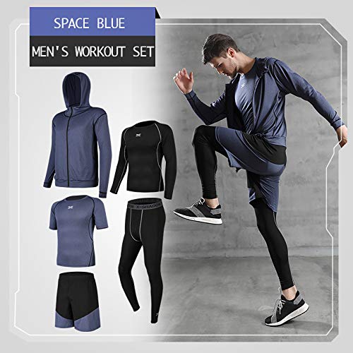 BUYJYA 5Pcs Men's Workout Set with Pants, Long Sleeve Shirts,Shorts,Jacket and Short Sleeve Space Blue