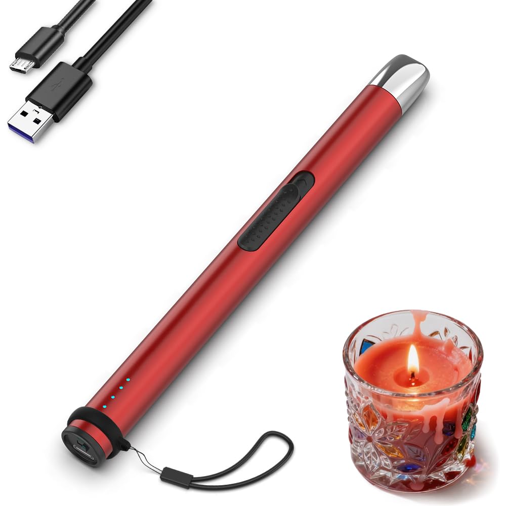 Photo 1 of Candle Lighter, Electric Rechargeable USB Arc Windproof Flameless Plasma Lighter Long Stick with Rope and Ring, No Butane Fluid, Perfect for Candle BBQ Camping Kitchen Stove, Red
