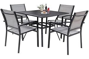 LEVELEVE 5 Piece Patio Dining Set,Outdoor Furniture 4 Textilene Chairs & 1 Square 38"x 38" Metal Slatted Table with 1.5" Umbrella Hole,Outside Porch Deck Balcony Backyard Set for 4