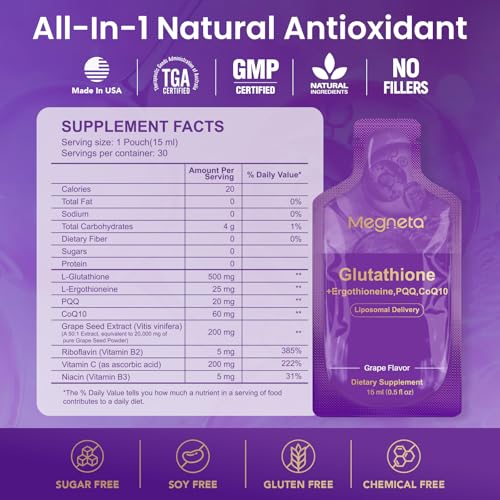 MEGNETA Liposomal Glutathione Supplement – 500mg Glutathione with PQQ, CoQ10 & Vitamin C – High Absorption Antioxidant for Immune & Energy Support – Grape Flavor, 30 Pouch