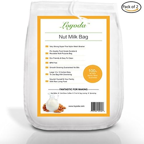 Loyoda 2 Pack Premium Quality Nut Milk Bag 12"x12" Reusable Cold Brew Coffee Filter Colander Premium Quality Almond Milk Strainer Food Grade Super Sturdy Fine Nylon Mesh For Greek Yoghurt Juice