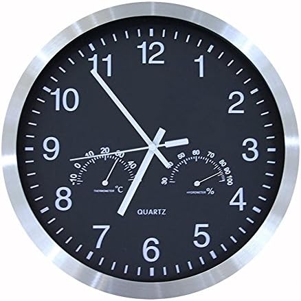 Eridge 12-Inch Modern Large Wall Clock Decorative Living Room Quiet Sweep Operated Quartz Clock Thermometer and Hygrometer Function kitchen Battery Clock-Black