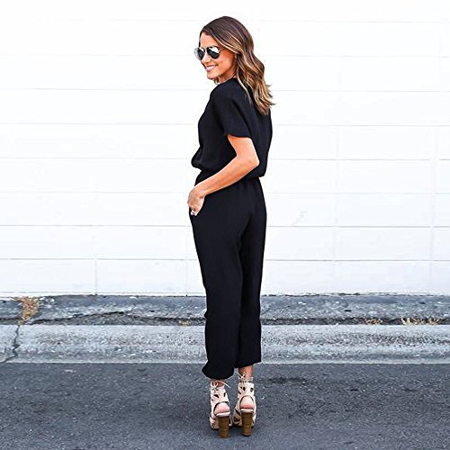 Chanyuhui Jumpsuits for Women Solid V Neck Long Pants Bandage Clubwear Romper Jumpsuit Bodysuit (M, Black)