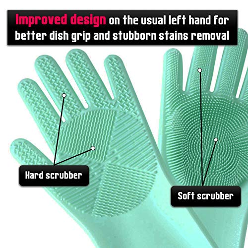 Silicone Scrubbing Dishwashing Magic Gloves- Non-Slip Kitchen Cleaning Silicon Reusable Sponge Gloves with Rubber Scrubber,Work Great for Washing Dish,Car,Bathing Pet(Upgrade Version)
