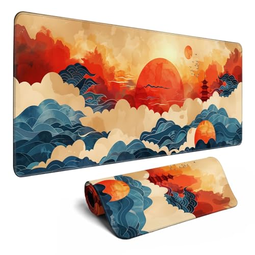 Desk Mat Red and Gold Blue Wave Decor