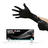 Ansell MICROFLEX Onyx N64 Disposable Nitrile Gloves, MD, 100/Dispenser | Black, Size 8 (M), unisex, TNT chemical splash resistant exam gloves with textured fingertips &amp; tear resistance