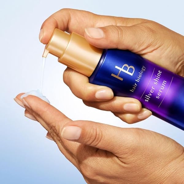HAIR BIOLOGY SILVER SHINE SERUM, 3.3 FL OZ. BIOTIN-INFUSED MOISTURE AND SHINE FOR COLOR-TREATED GRAY HAIR. PARABEN FREE, FORMULATED WITH COCONUT SCENT, BLUE