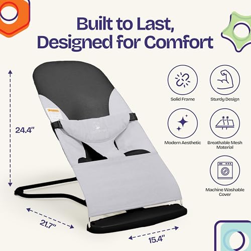 ComfyBumpy Ergonomic Baby Bouncer Seat - Bonus Travel Carry Case - Safe, Portable Bouncing Chair with Adjustable Height Positions - Infant Bouncy Seat Perfect for Newborn Babies (Grey)