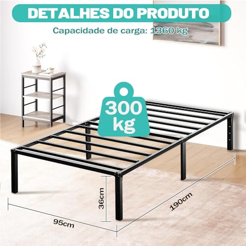190 * 95 * 36 Cm Base Cama Solteiro, Cama de Solteiro de Metal, Com Suportes de Ripas, Grande Espaço Embaixo da Cama (Solteiro)