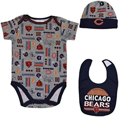  Official National Football League Fan Shop Authentic NFL Baby 3-pc Body Suit Onesie, Cap and Bib Bundled Set (Chicago Bears, 0/3 Months)
