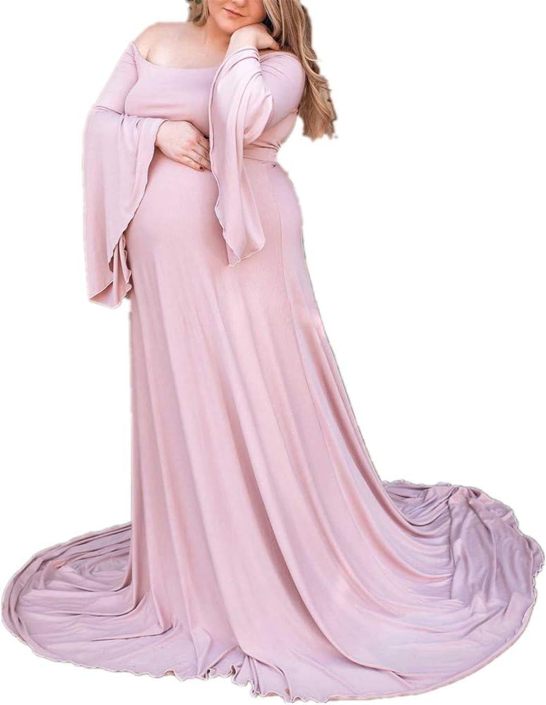 SSUPLYMY-Pregnants Sexy Photography Dress Off Shoulders Flare Long Sleeve Maternity Solid Dress Maxi Trailing Long Dress for Photo Shoot Wedding Evening Party Gown
