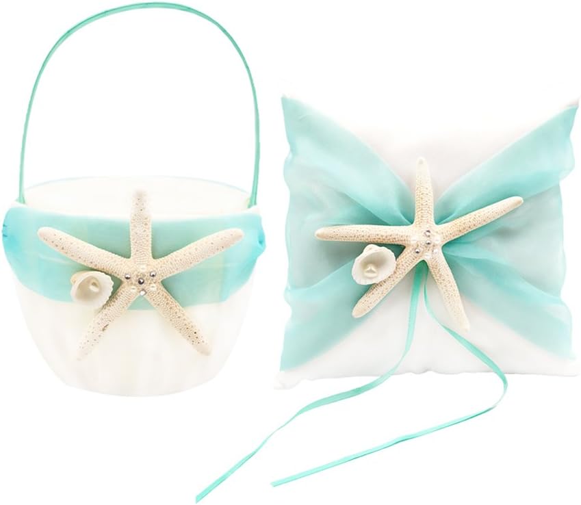 Abbie HomeOrganza Bowknot Wedding Ring Pillow + Flower Basket Set Romantic Beach Wedding Party Favor (Turquoise)