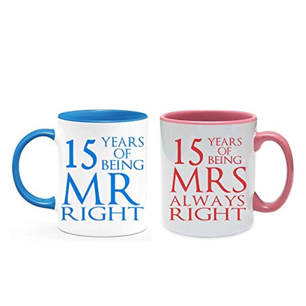 Getagift Crystal Anniversary 15 Years of Being Mr Right & Mrs Always Right Set of 2 Wedding Anniversary, Valentines Day, Coloured Couple Mug Set. (15 Years)