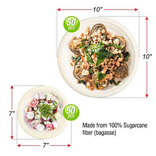 Kikigreen Bagasse Round Compostable Plates [100-pack] Dessert White Disposable Plates Made Of Sugarcane 10'', 7''