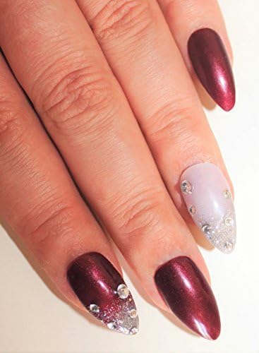 POLISH ME PRETTY Hand Painted Press On False Nails - Maroon Almond Pointed Claws with Crystal Design &amp; Glitter by Polish Me Pretty