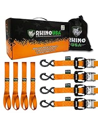 RHINO USA   Correas de trinquete para motocicleta, 5,208, resistencia a la rotura   Incluye (4) resistentes, 1,6" x 8' Rachet Tiedowns con asas acolchadas y ganchos cromados con revestimiento en S + (4) suaves ataduras de bucle