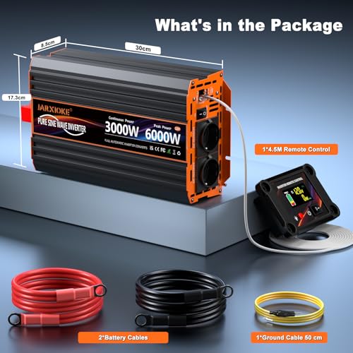 3000 W Inverter 12 V to 230 V Pure Sine Wave Voltage Converter with 2 EU Sockets, 30 W USB-C, 5 V 3.1 A USB, LCD Remote Control, for Caravans, Trucks, Solar Energy, Peak Power 6000 W