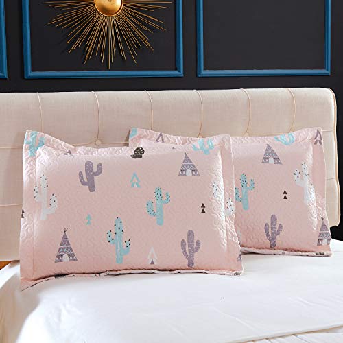 Kids Girls Cactus Quilt Set Twin Size Pink Bedding Quilt Soft Lightweight Summer Thin Bedspread Coverlet All Season Reversible Bed Set with Sham for Kids Teens Adults (1 Quilt+2 Pillow Sham)