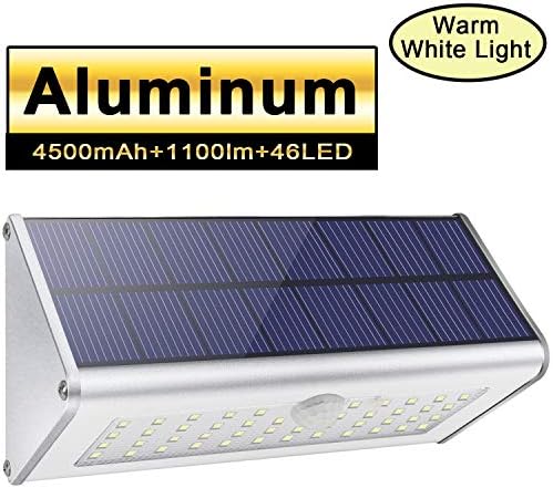 1100lm 4500mAh 46 LED Aluminum Silver Solar Outdoor Light 120° Infrared Motion Sensor Waterproof IP65 Wireless Security Light with 4 Intelligent Modes for Garden, Street, Patio, Fence Warm White Light