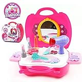 SainSmart Jr. Beauty Vanity Cases Make Up Case, Little Girls Pretend Play Set Cosmetic Set Beauty Salon with Hairdryer, Curling Iron, Mirror, Hair Styling and a Beauty Tote Bag (14 Pcs)