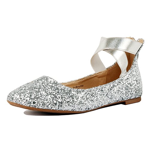 Guilty Shoes Women's Classic Ballerina Flats - Elastic Crossing Straps - Comfort Stretchy Ballet-Flats, Silver Glitter, 8